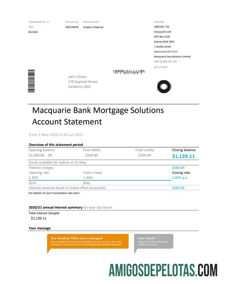 Extrato bancário realista do Macquarie da Austrália, modelo fácil de preencher em formato Excel e PDF